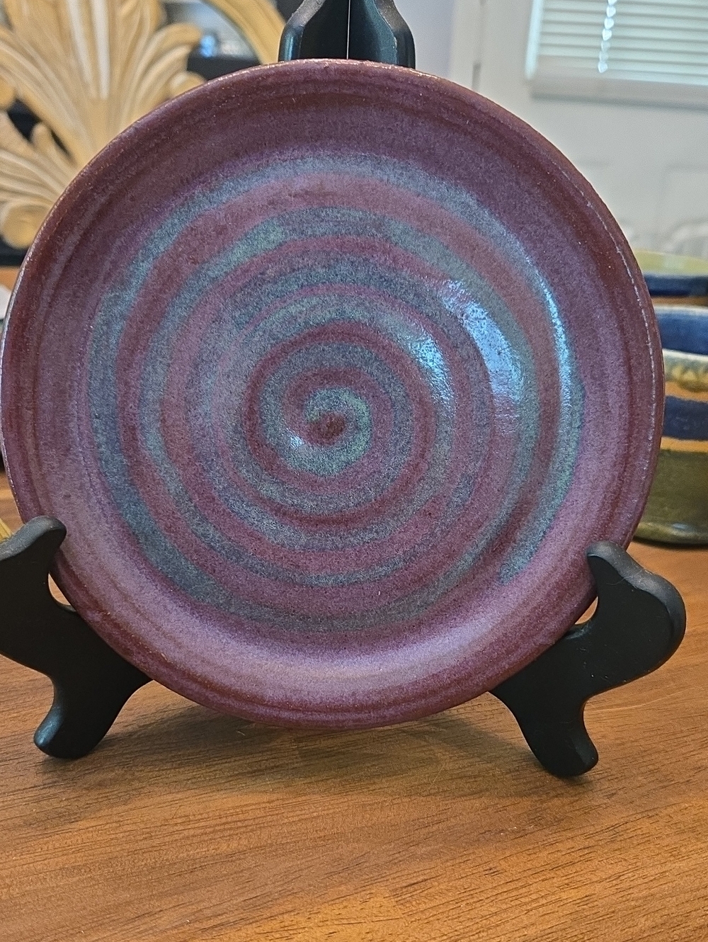 JJs, Pottery 2017- 7" Handcrafted Spiral Ceramic Plate - Plum and Slate